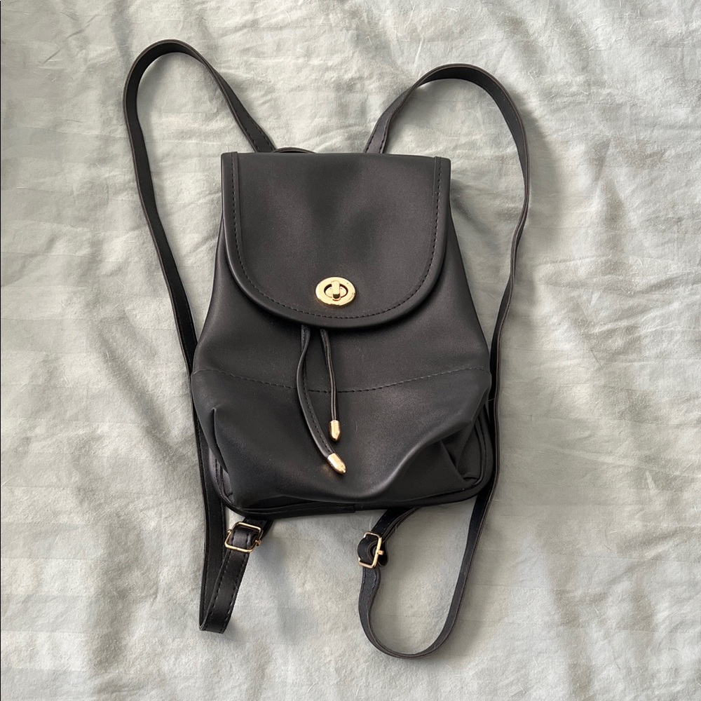 Faux Black Leather Backpack, small size